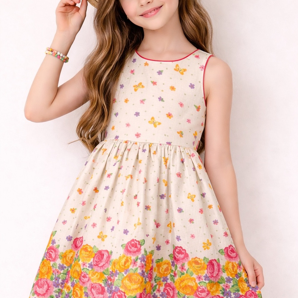 American Princess Cream Dress with Pink, Yellow & Purple Floral Border